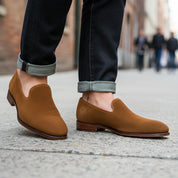 model-walking-street - Men's Brown Suede Penny Loafer Driving Shoes