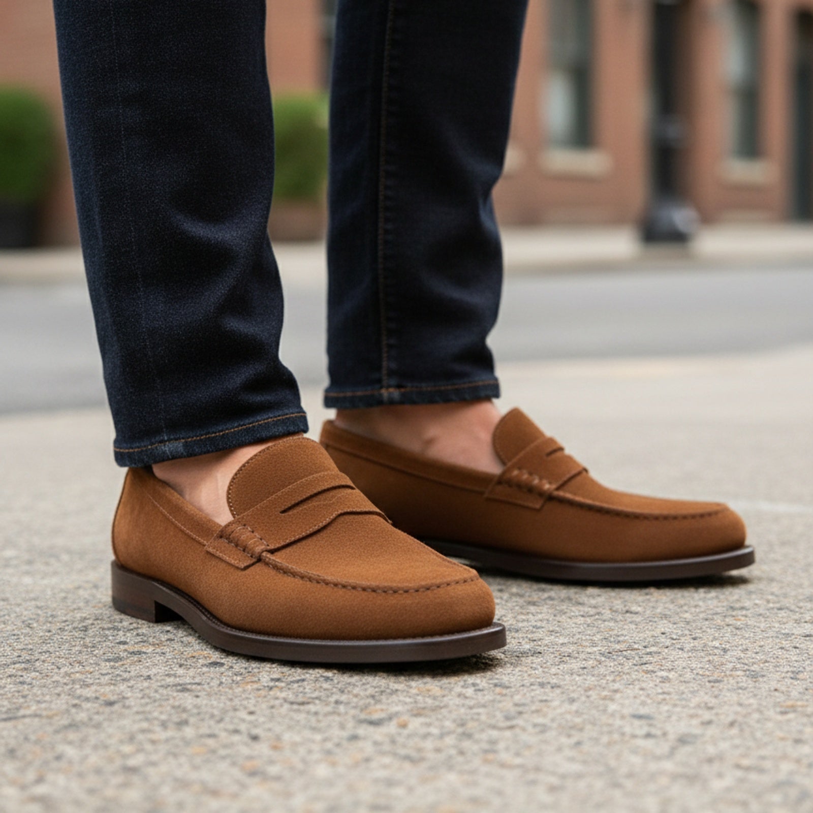 model-walking-street - Men's Brown Suede Penny Loafer Moccasins