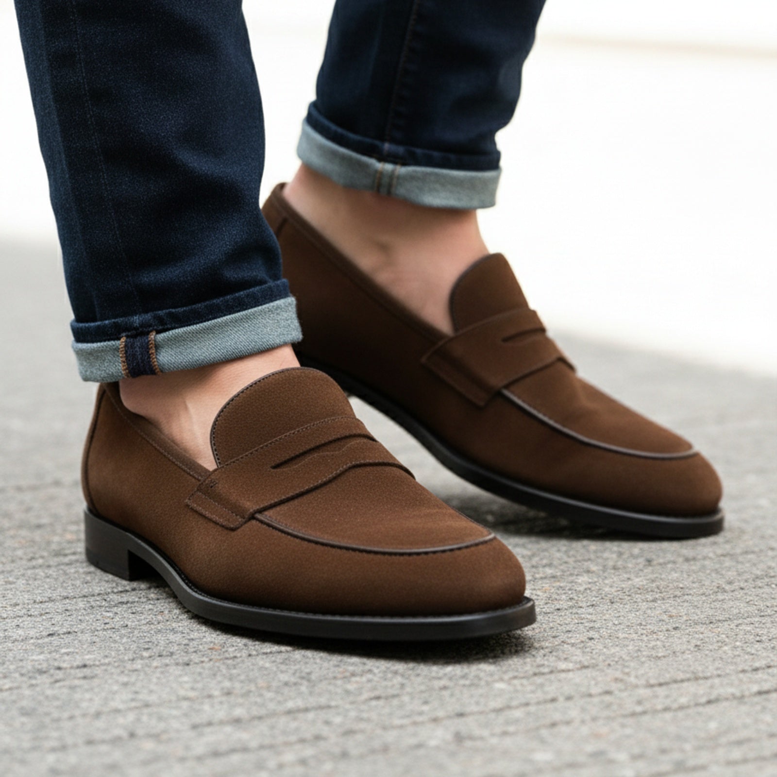Men's Brown Suede Penny Loafers - model-walking-street