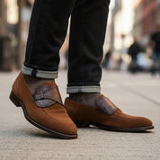 model-walking-street - Men's Brown Suede Slip-On Loafers