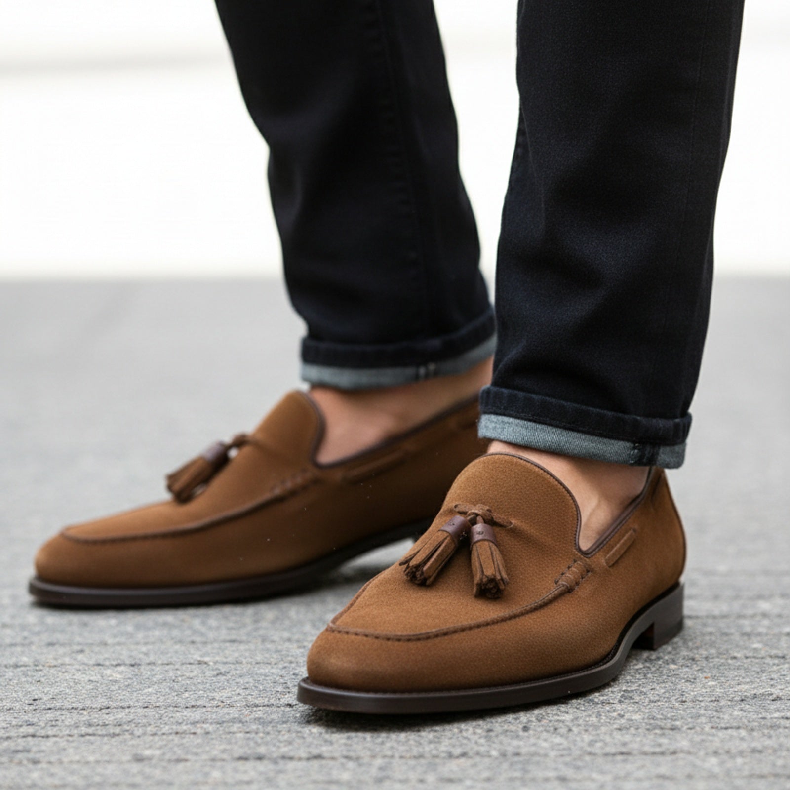 model-walking-street - Men's Brown Suede Tassel Moccasins
