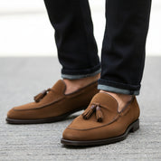 model-walking-street - Men's Brown Suede Tassel Moccasins