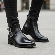 model-walking-street - Men's Buckle Ankle Boots in Genuine Cow Leather