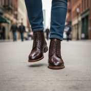 model-walking-street - Men's Burgundy & Brown Leather Lace-Up Boots