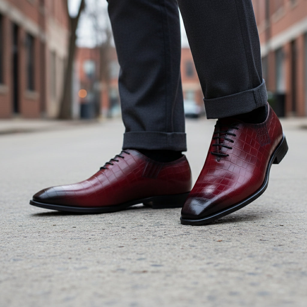 Men's Burgundy Crocodile Leather Dress Shoes - model-walking-street