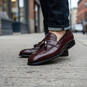 Men's Burgundy Crocodile Textured Leather Loafers - model-walking-street
