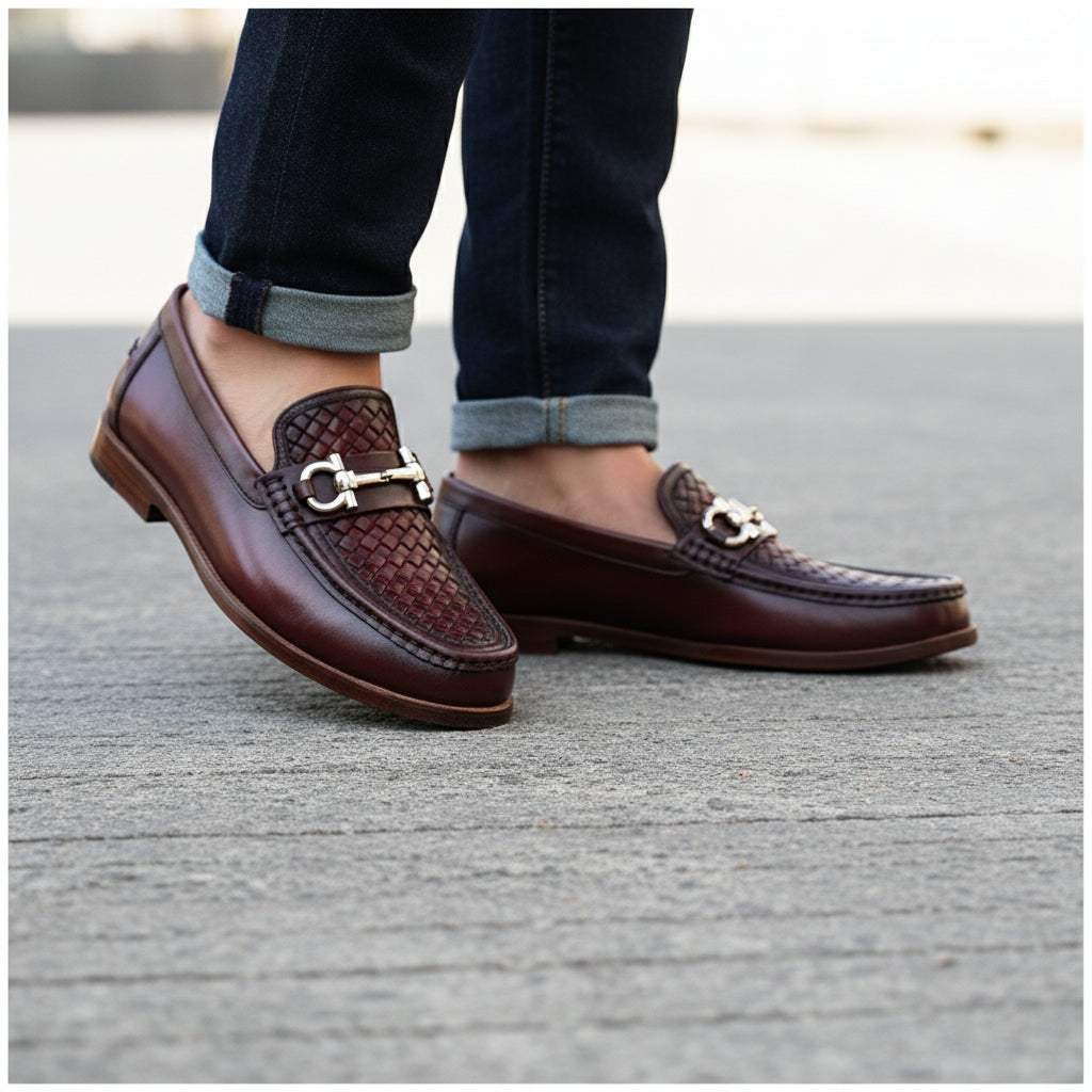 Men's Burgundy Genuine Leather Driving Shoes - model-walking-street