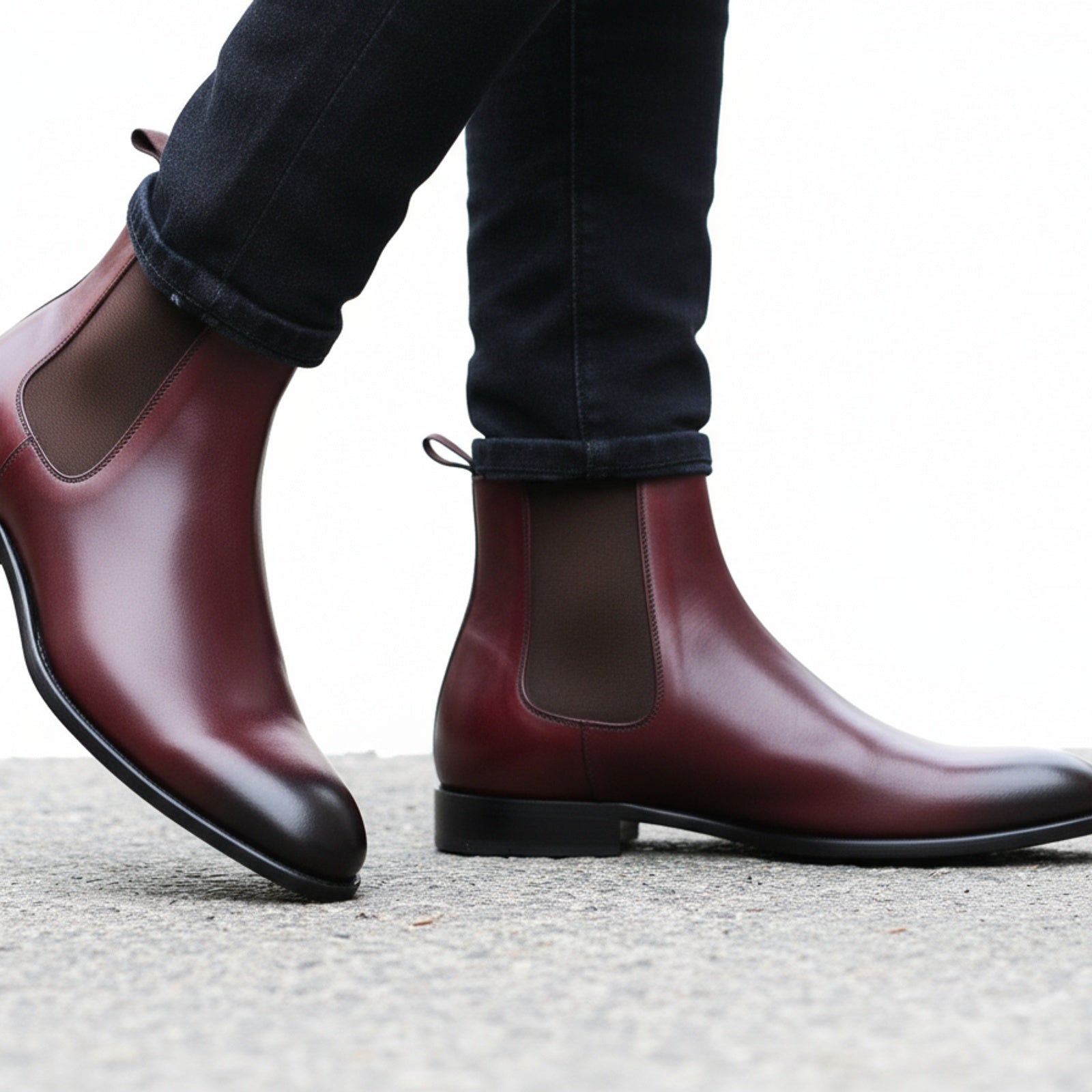 Men's Burgundy Leather Chelsea Boots - model-walking-street