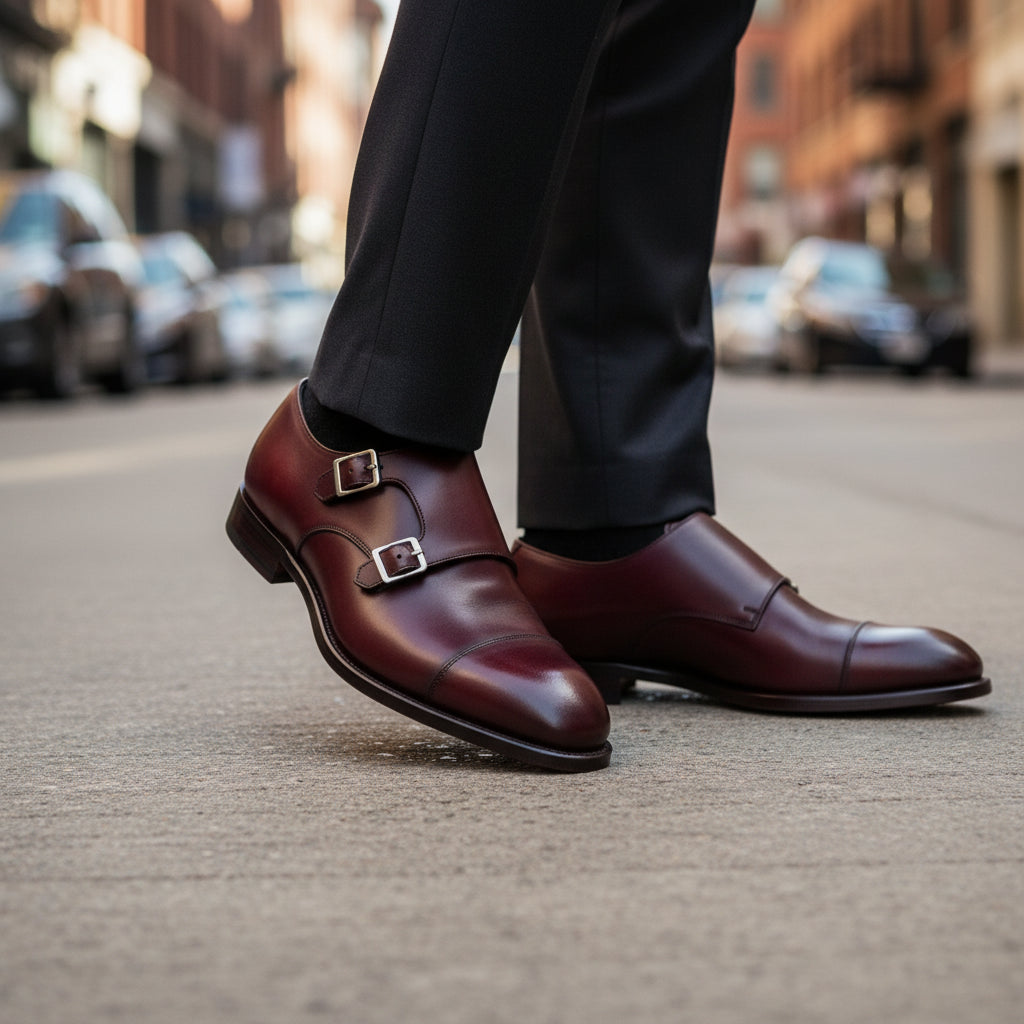 model-walking-street - Men's Burgundy Leather Double Buckle Dress Shoes