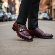 model-walking-street - Men's Burgundy Leather Double Buckle Dress Shoes