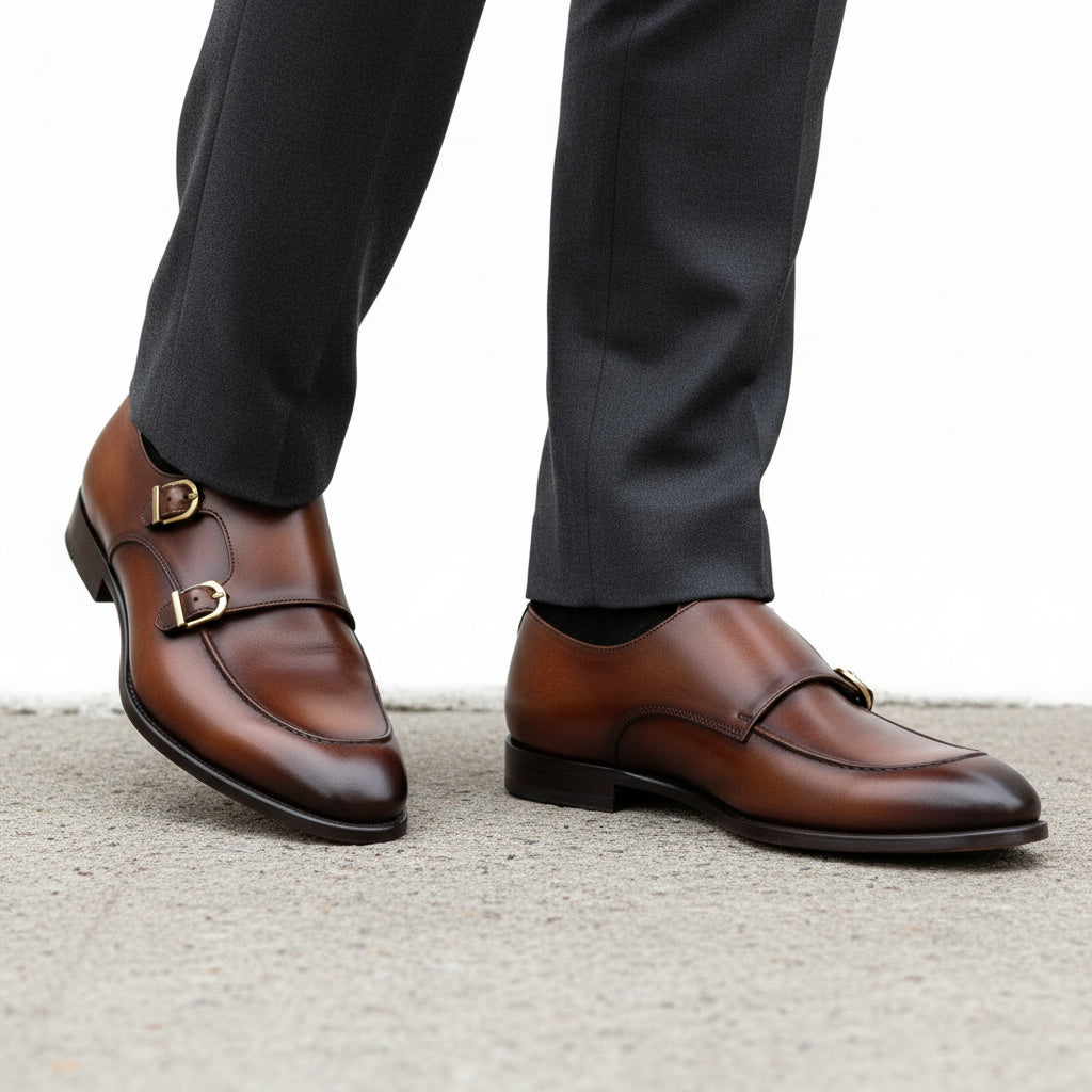 Men's Burgundy Leather Double Monk Shoes, Belgian Loafer Style - model-walking-street