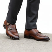 Men's Burgundy Leather Double Monk Shoes, Belgian Loafer Style - model-walking-street