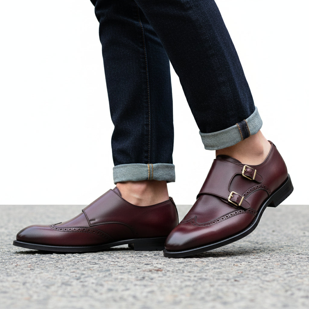 model-walking-street - Men's Burgundy Leather Double Monk Strap Shoes