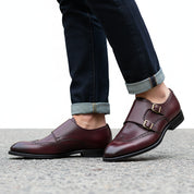 model-walking-street - Men's Burgundy Leather Double Monk Strap Shoes