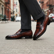 Men's Burgundy Leather Loafer Moccasins | Alligator Embossed Print - model-walking-street