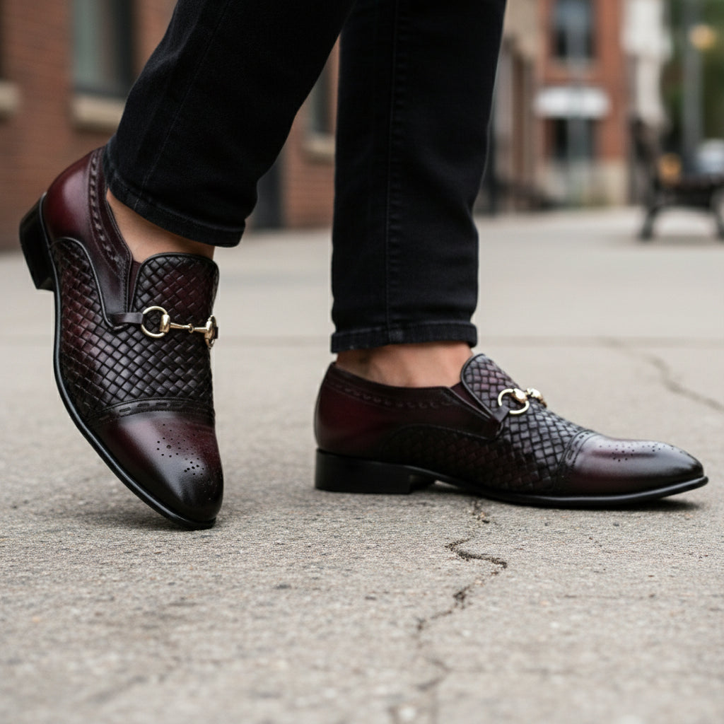 model-walking-street - Men's Burgundy Leather Moccasins