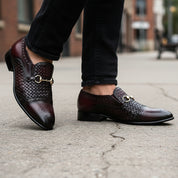 model-walking-street - Men's Burgundy Leather Moccasins