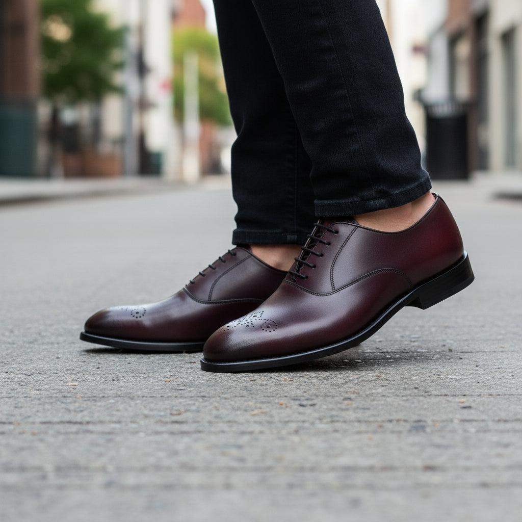 model-walking-street - Men's Burgundy Whole Cut Oxford Leather Dress Shoes