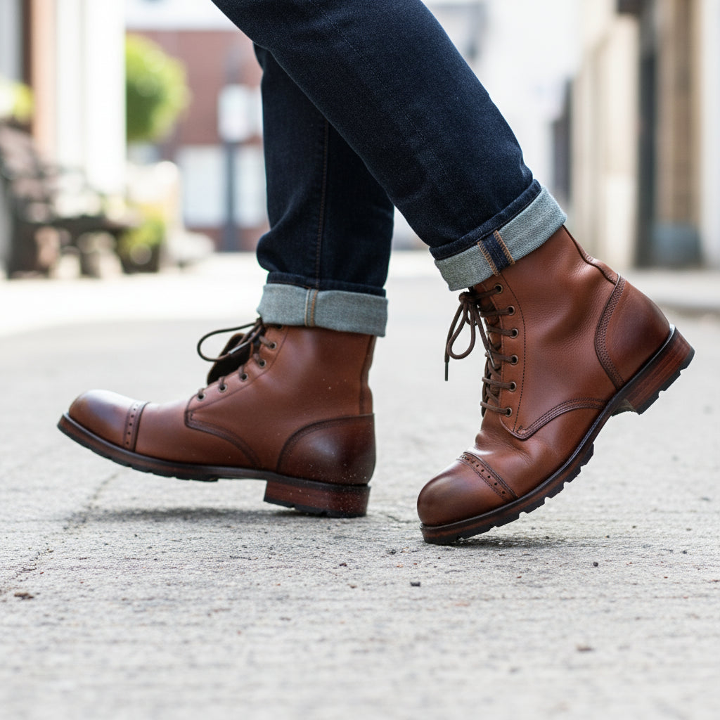 model-walking-street - Men's Cap-Toe High Ankle Leather Boots