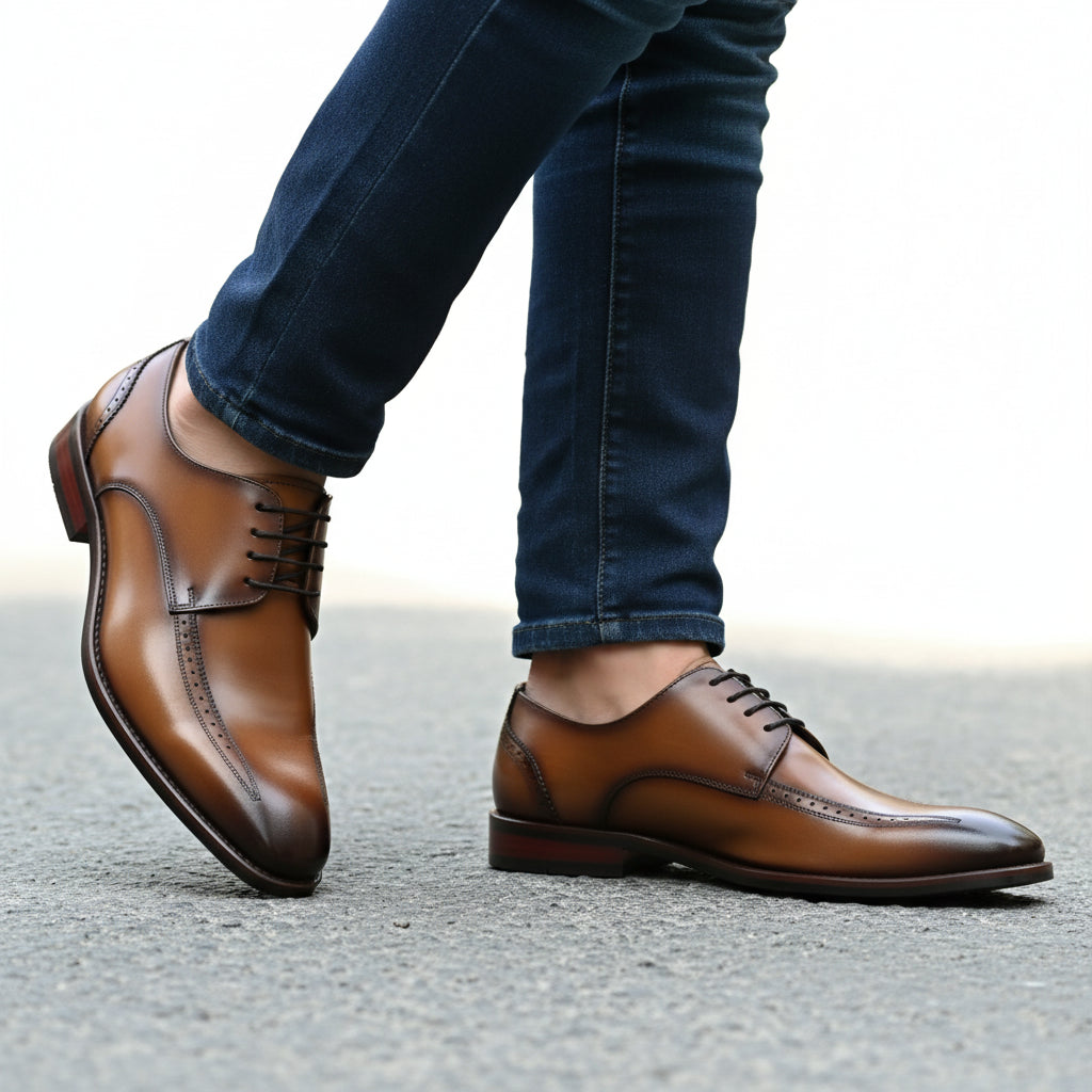 model-walking-street - Men's Cap-toe Leather Oxfords in Brown