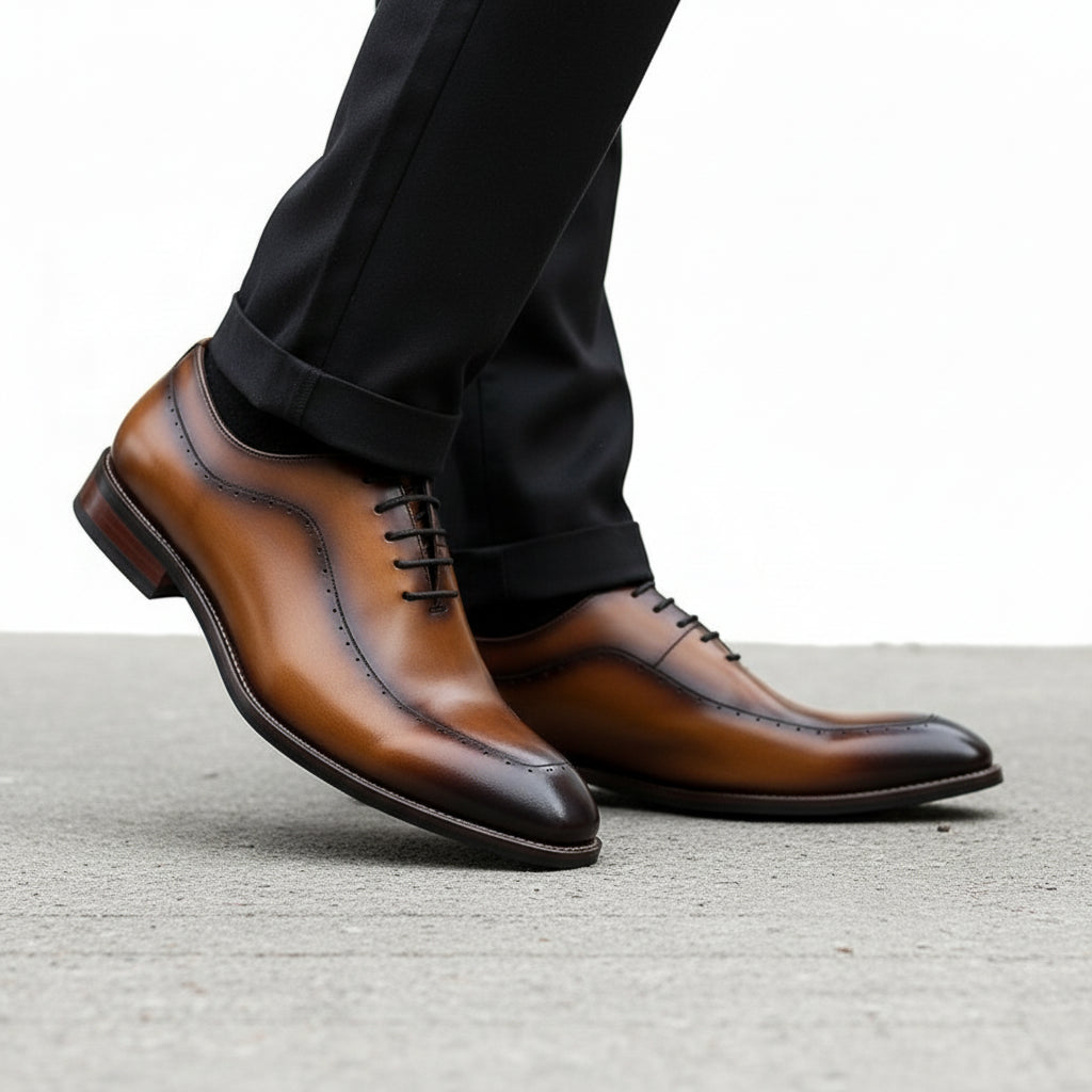 model-walking-street - Men's Classic Brogue Leather Dress Shoes