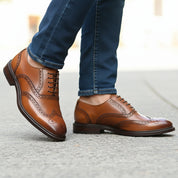 model-walking-street - Men's Classic Brown Leather Brogue Dress Shoes