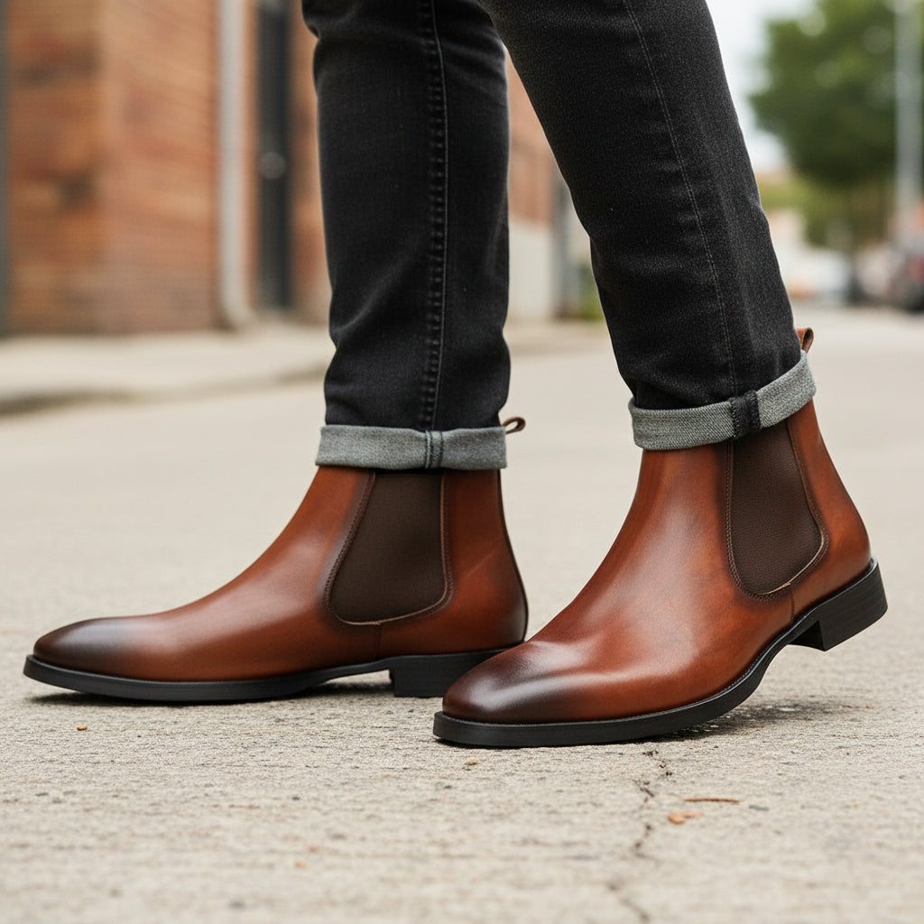 model-walking-street - Men's Cow Leather Chelsea Boots with Comfort Fit