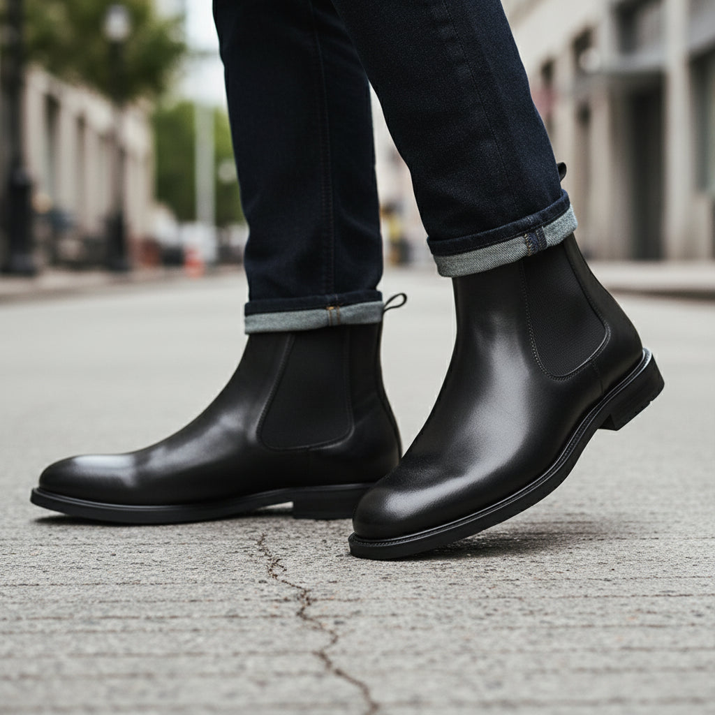 model-walking-street - Men's Cow Leather Chelsea Dress Boots