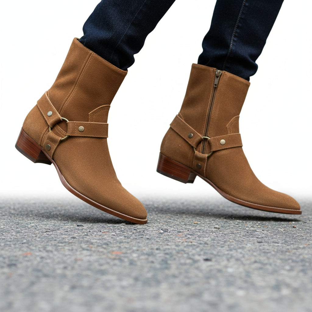 model-walking-street - Men's Cow Leather High Ankle Boots in Western Design