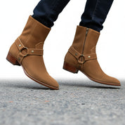 model-walking-street - Men's Cow Leather High Ankle Boots in Western Design