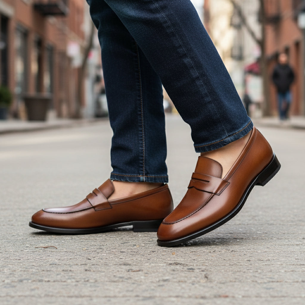 model-walking-street - Men's Cow Leather Loafer Shoes