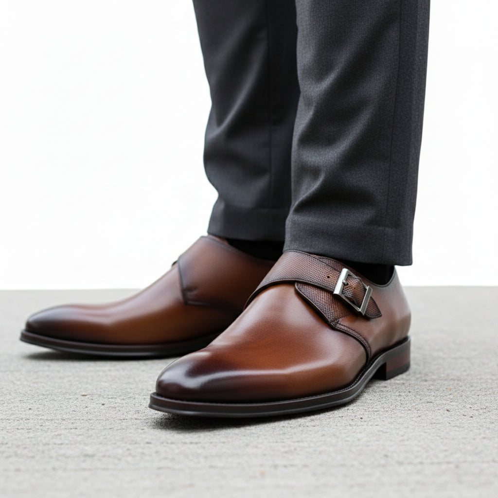 model-walking-street - Men's Cow Leather Monk-Strap Dress Shoes