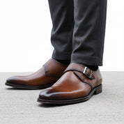 model-walking-street - Men's Cow Leather Monk-Strap Dress Shoes