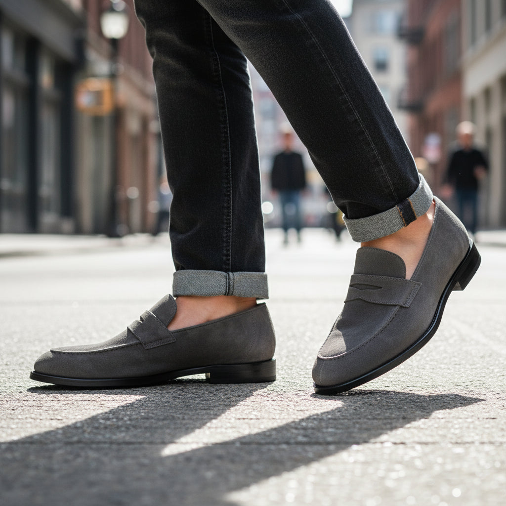 model-walking-street - Men's Cow Leather Suede Penny Loafers