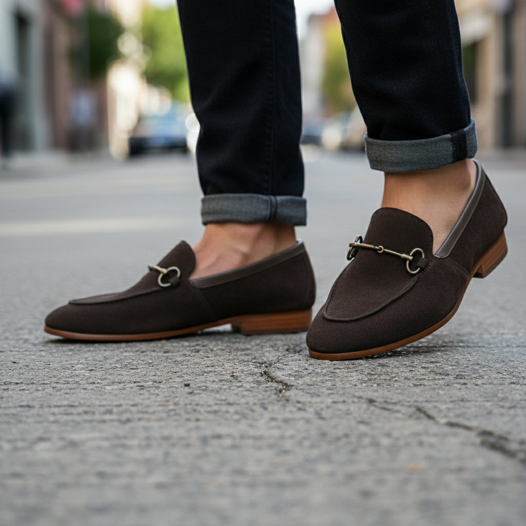 model-walking-street - Men's Cow Leather Suede Tassel Moccasins
