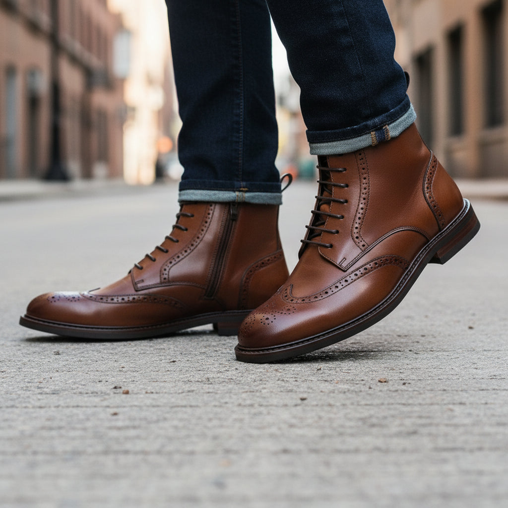 model-walking-street - Men's Cow Leather Wingtip Boots