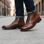 model-walking-street - Men's Cow Leather Wingtip Boots