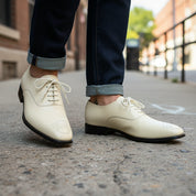 model-walking-street - Men's Cream Brogue Dress Shoes in Genuine Calf Leather