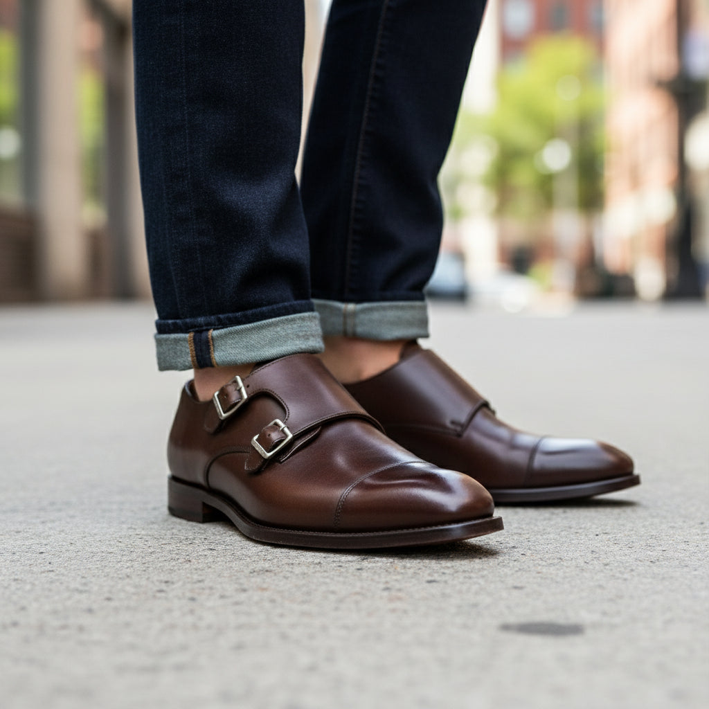 model-walking-street - Men's Dark Brown Double Monk Strap Leather Formal Shoes