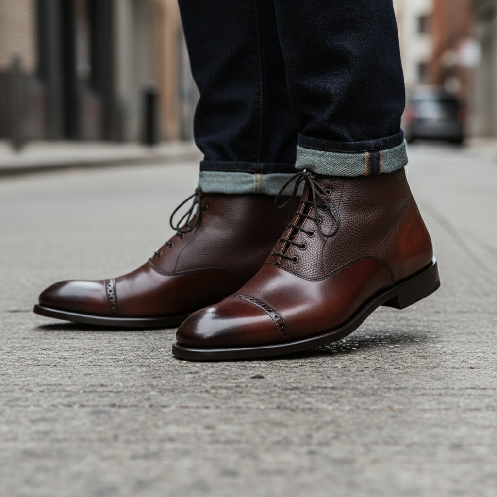model-walking-street - Men's Dark Brown Leather Cap Toe Ankle Boots