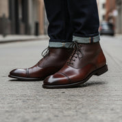 model-walking-street - Men's Dark Brown Leather Cap Toe Ankle Boots