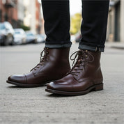 model-walking-street - Men's Dark Brown Leather Cap Toe Ankle Boots