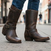 model-walking-street - Men's Dark Brown Leather Cowboy Boots