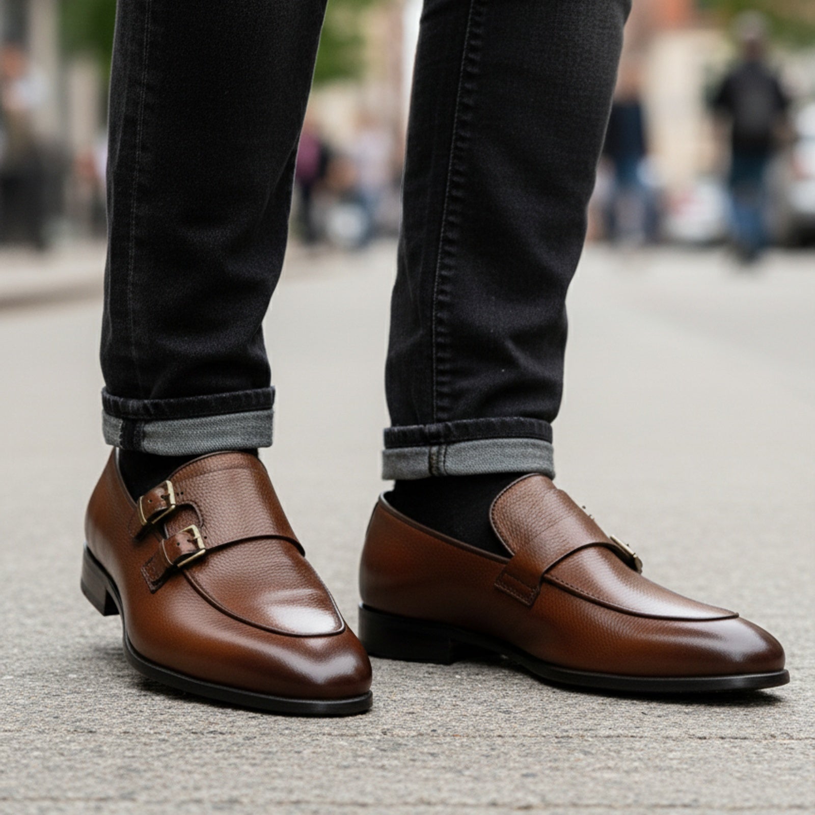 Men's Dark Brown Leather Moccasin Loafers - model-walking-street