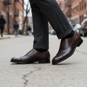 model-walking-street - Men's Dark Brown Leather Oxford Dress Shoes