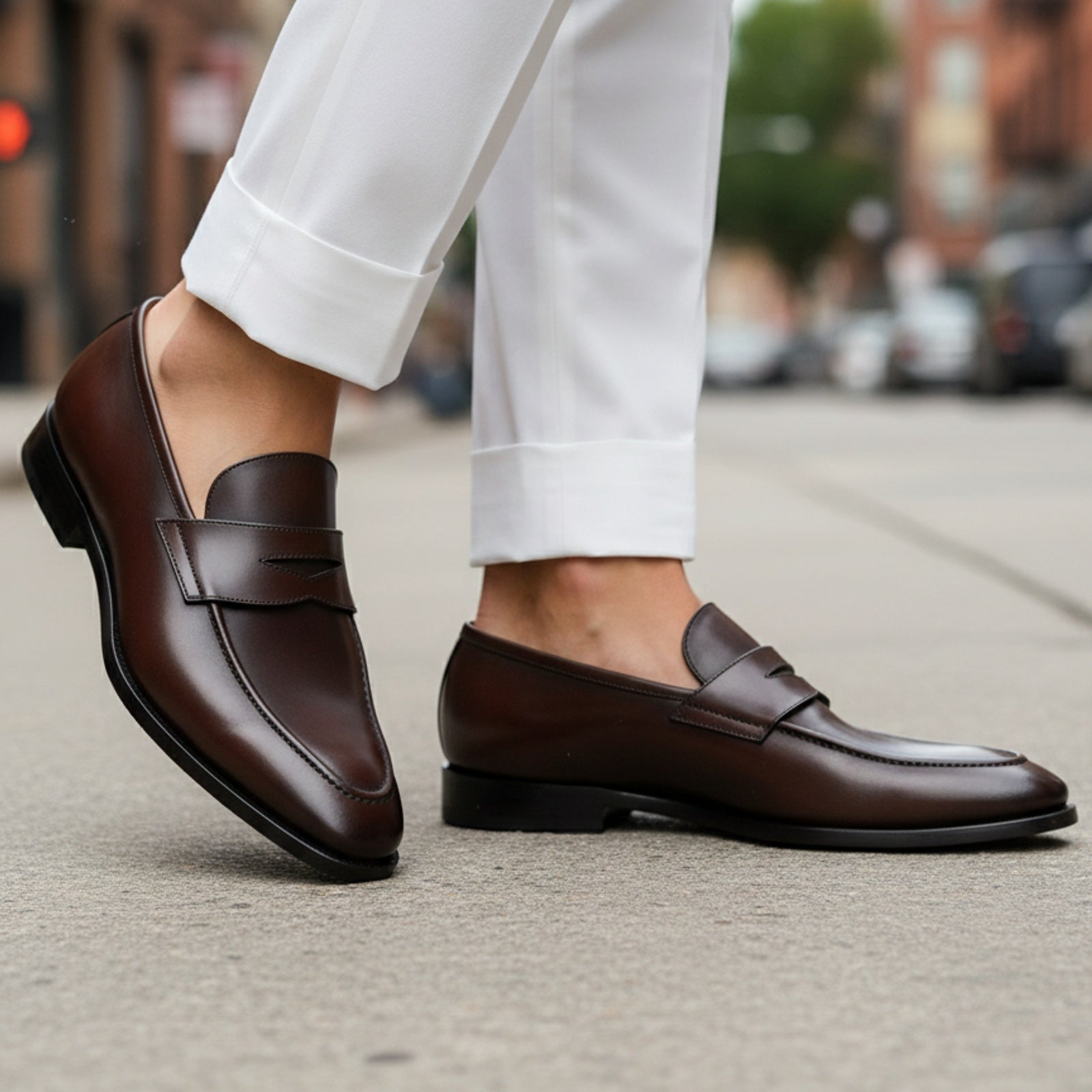 model-walking-street - Men's Dark Brown Leather Slip-On Moccasins