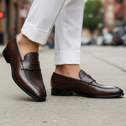 model-walking-street - Men's Dark Brown Leather Slip-On Moccasins