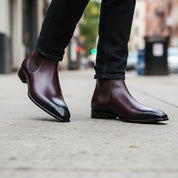 Men's Dark Burgundy Leather Chelsea Boots - model-walking-street
