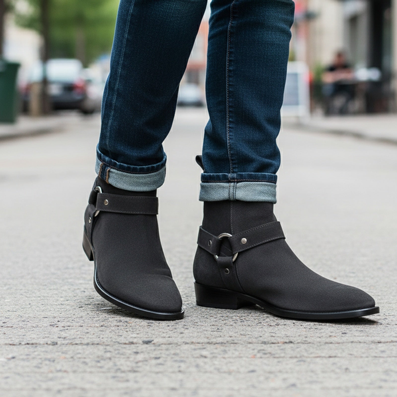 Men's Dark Gray Suede Biker Boots - model-walking-street