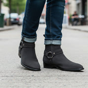 Men's Dark Gray Suede Biker Boots - model-walking-street